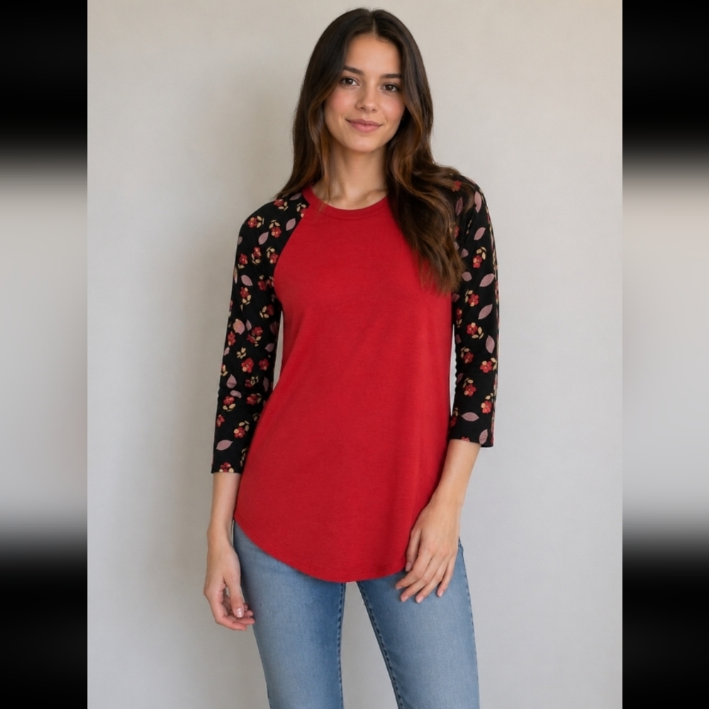 LULAROE XXS Randy Baseball T Red Body Floral Sleeves
